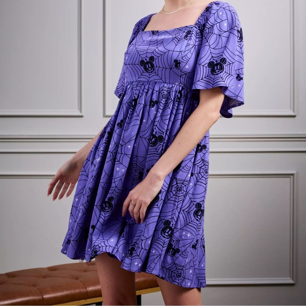 Disney Mickey Mouse Jack-o-Lantern Spiderweb Allover Print Smock Dress